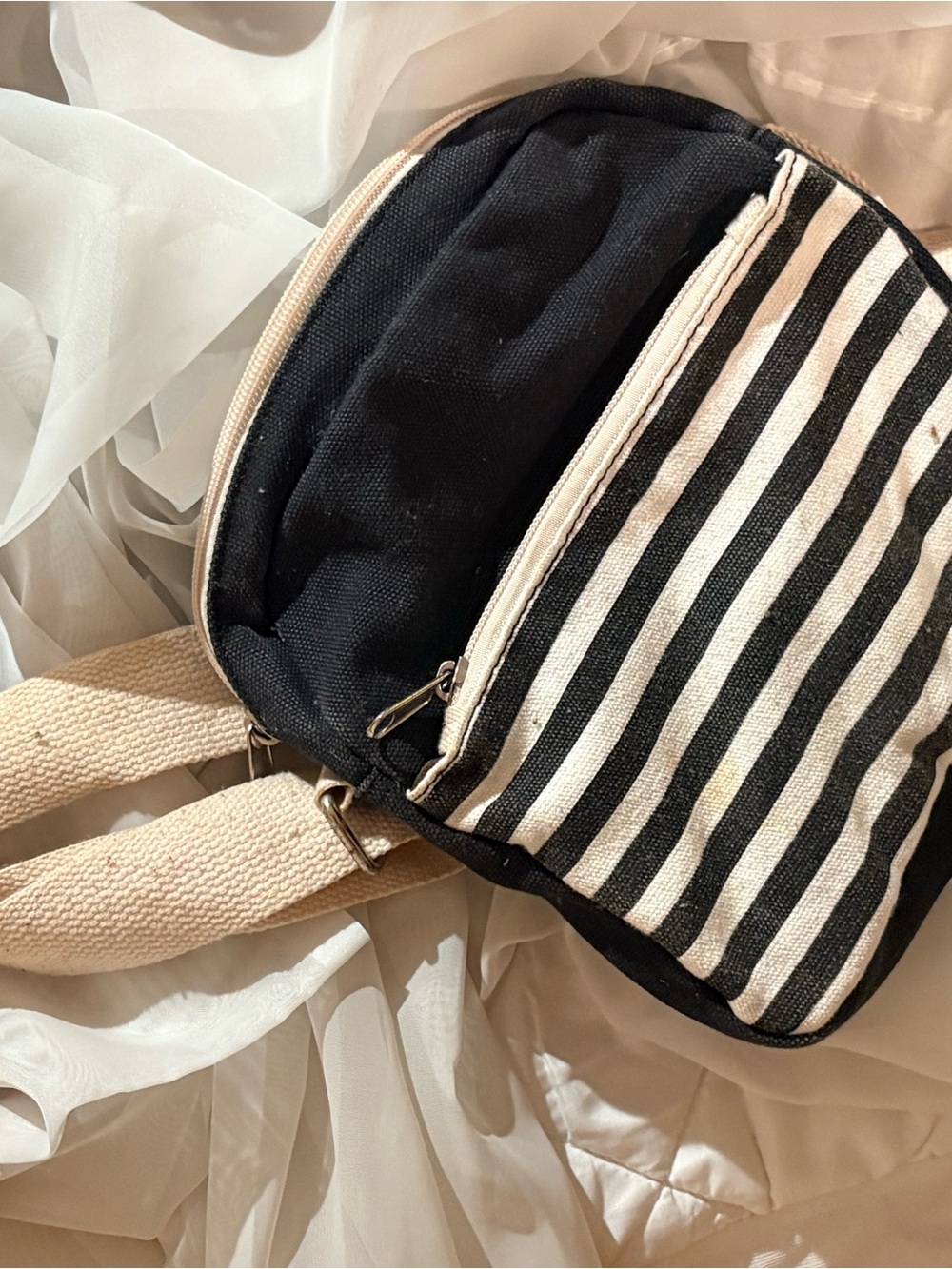 Striped Black & Cream Canvas Crossbody Bag - Women